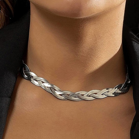 Braided Sterling Silver Herringbone Flat Snake Choker Necklace - Picture 2 of 5